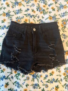 High-Rise Black Distressed Denim Shorts